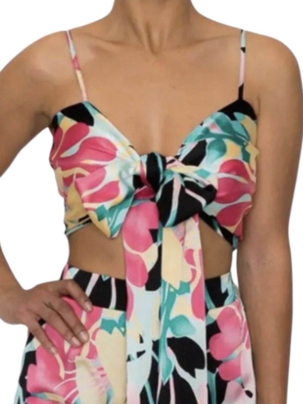 Nwt Rosevelvet Tie-Front Floral Crop Top In Multi Pink Satin Party Wrap Tank Top